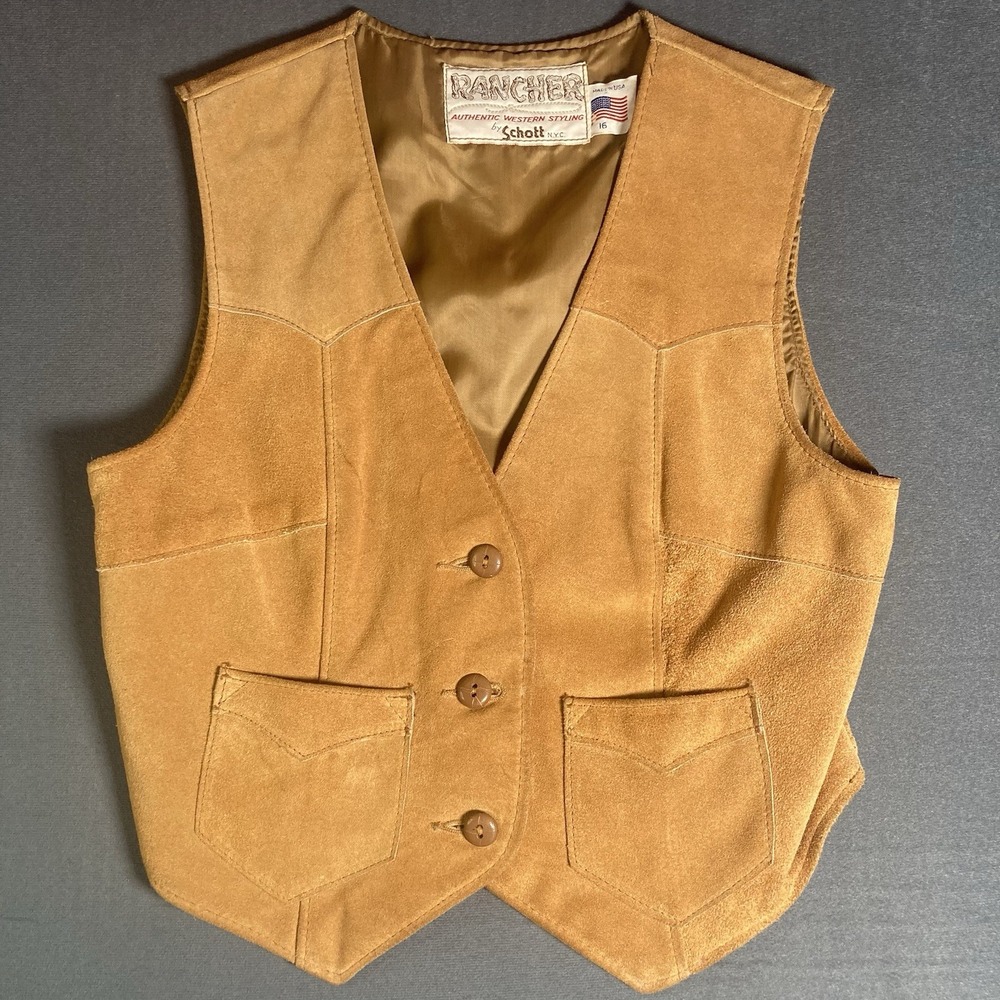 VTG 70s Schott Rancher Brown Suede Leather Western Button Front Vest Size 16